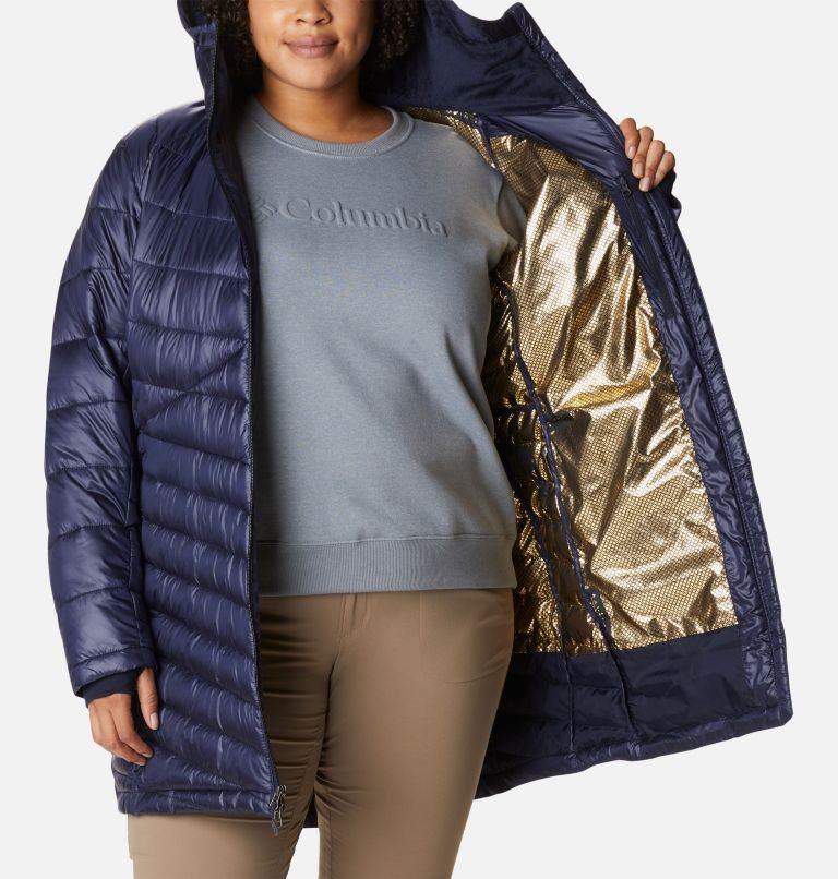 Women's Columbia Joy Peak Omni-Heat Infinity Mid Hooded Insulated Jackets Navy | Plus Size CA-V8651